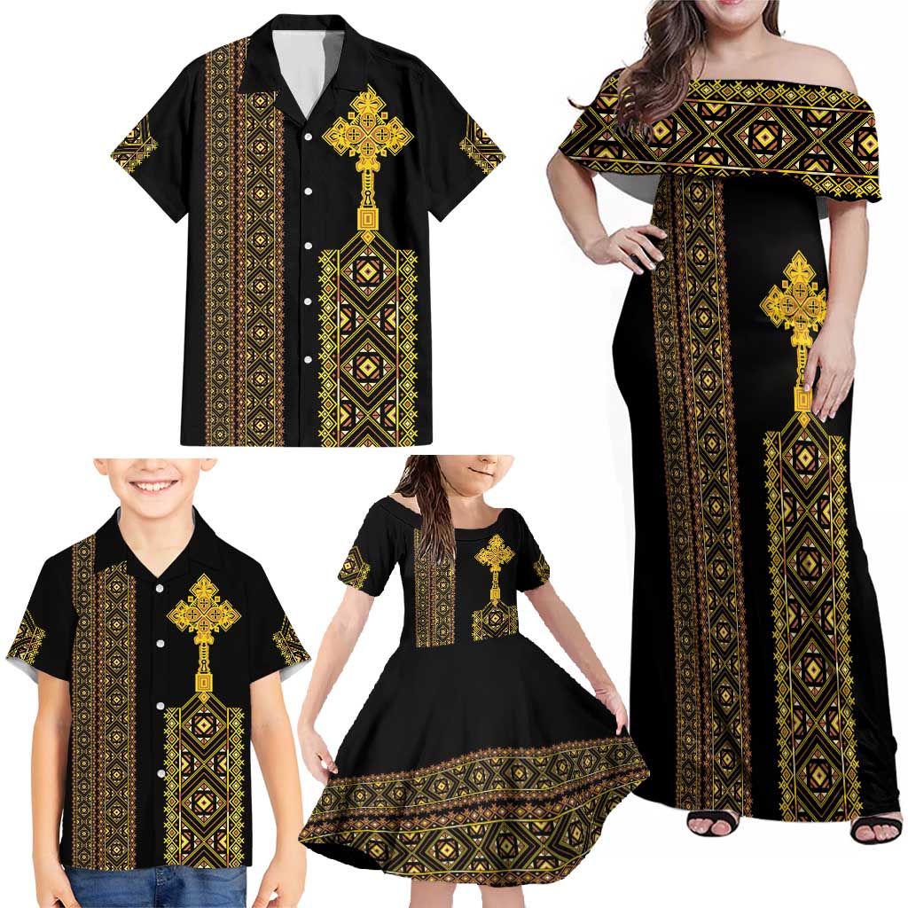 Habesha Motifs Ethiopia Family Matching Off Shoulder Maxi Dress and Hawaiian Shirt Tilet Black Gold
