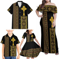 Habesha Motifs Ethiopia Family Matching Off Shoulder Maxi Dress and Hawaiian Shirt Tilet Black Gold