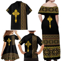 Habesha Motifs Ethiopia Family Matching Off Shoulder Maxi Dress and Hawaiian Shirt Tilet Black Gold