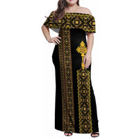 Habesha Motifs Ethiopia Family Matching Off Shoulder Maxi Dress and Hawaiian Shirt Tilet Black Gold