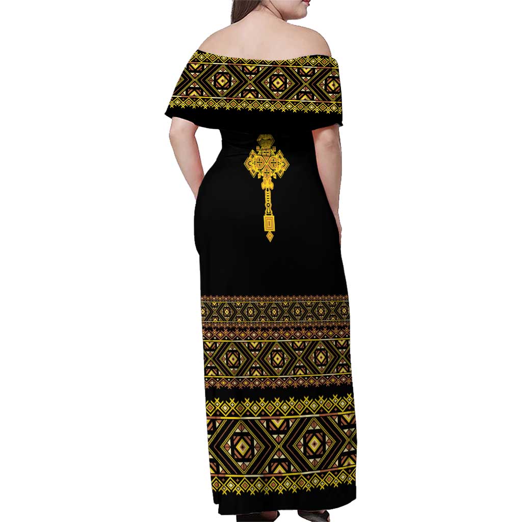 Habesha Motifs Ethiopia Family Matching Off Shoulder Maxi Dress and Hawaiian Shirt Tilet Black Gold