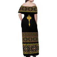 Habesha Motifs Ethiopia Family Matching Off Shoulder Maxi Dress and Hawaiian Shirt Tilet Black Gold