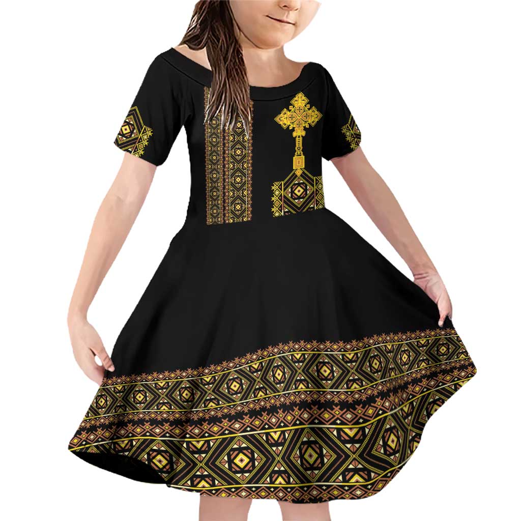 Habesha Motifs Ethiopia Family Matching Off Shoulder Short Dress and Hawaiian Shirt Tilet Black Gold