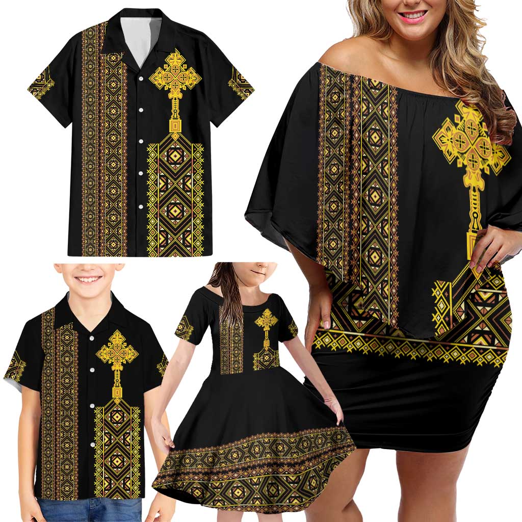 Habesha Motifs Ethiopia Family Matching Off Shoulder Short Dress and Hawaiian Shirt Tilet Black Gold