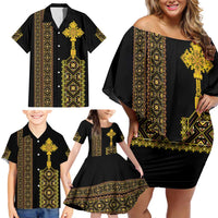 Habesha Motifs Ethiopia Family Matching Off Shoulder Short Dress and Hawaiian Shirt Tilet Black Gold