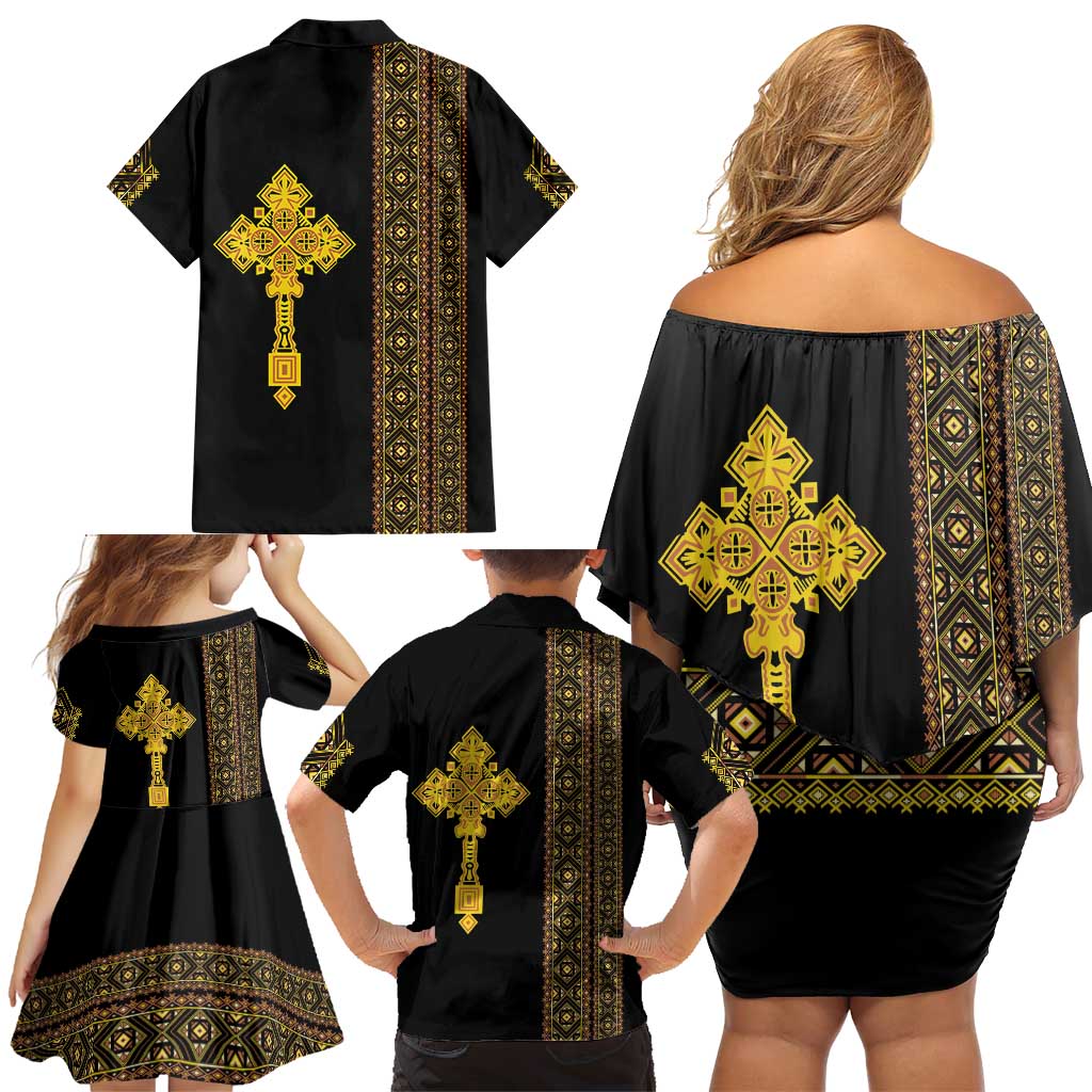 Habesha Motifs Ethiopia Family Matching Off Shoulder Short Dress and Hawaiian Shirt Tilet Black Gold