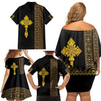 Habesha Motifs Ethiopia Family Matching Off Shoulder Short Dress and Hawaiian Shirt Tilet Black Gold