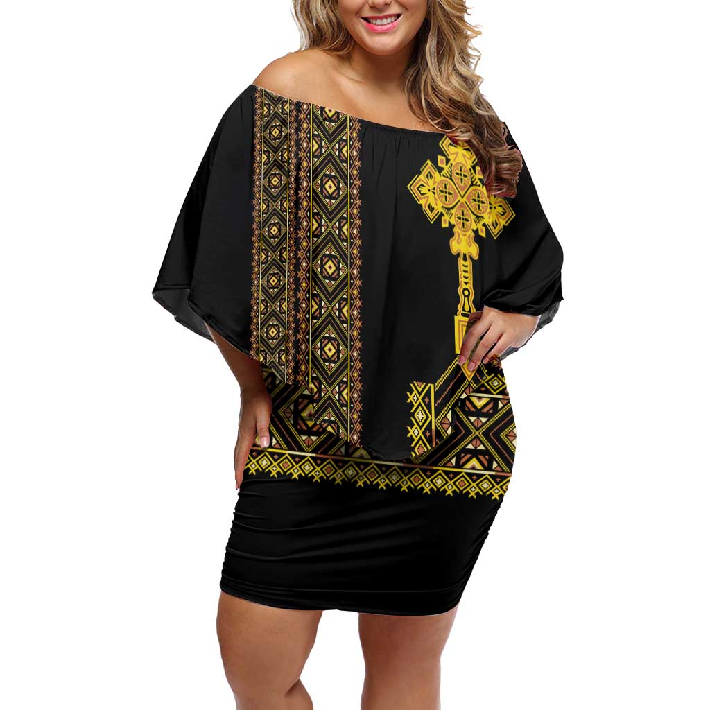 Habesha Motifs Ethiopia Family Matching Off Shoulder Short Dress and Hawaiian Shirt Tilet Black Gold