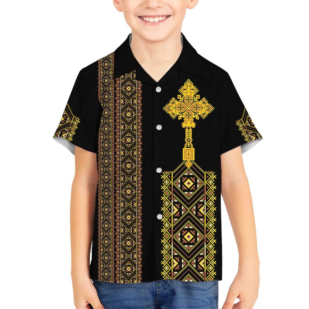 Habesha Motifs Ethiopia Family Matching Off Shoulder Short Dress and Hawaiian Shirt Tilet Black Gold