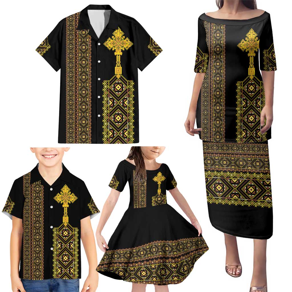 Habesha Motifs Ethiopia Family Matching Puletasi and Hawaiian Shirt Tilet Black Gold