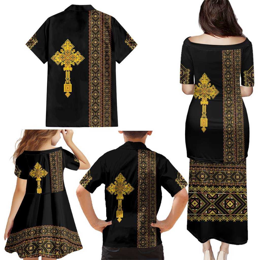 Habesha Motifs Ethiopia Family Matching Puletasi and Hawaiian Shirt Tilet Black Gold