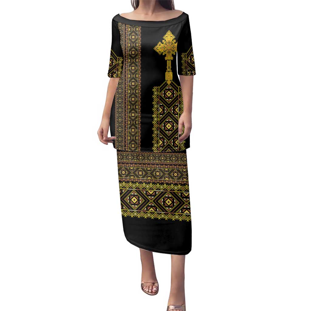 Habesha Motifs Ethiopia Family Matching Puletasi and Hawaiian Shirt Tilet Black Gold