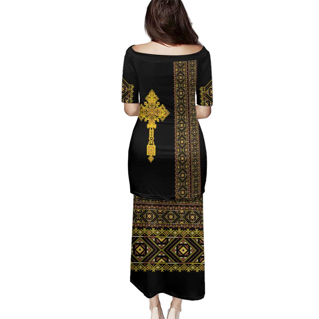 Habesha Motifs Ethiopia Family Matching Puletasi and Hawaiian Shirt Tilet Black Gold