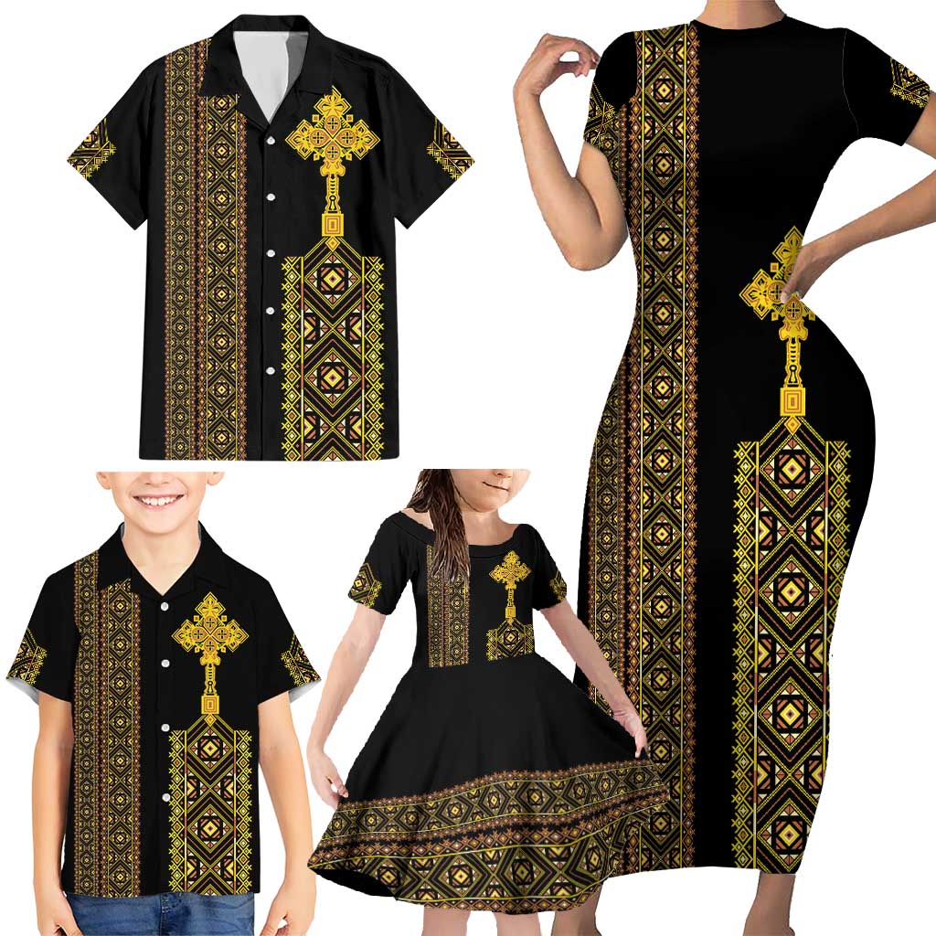 Habesha Motifs Ethiopia Family Matching Short Sleeve Bodycon Dress and Hawaiian Shirt Tilet Black Gold