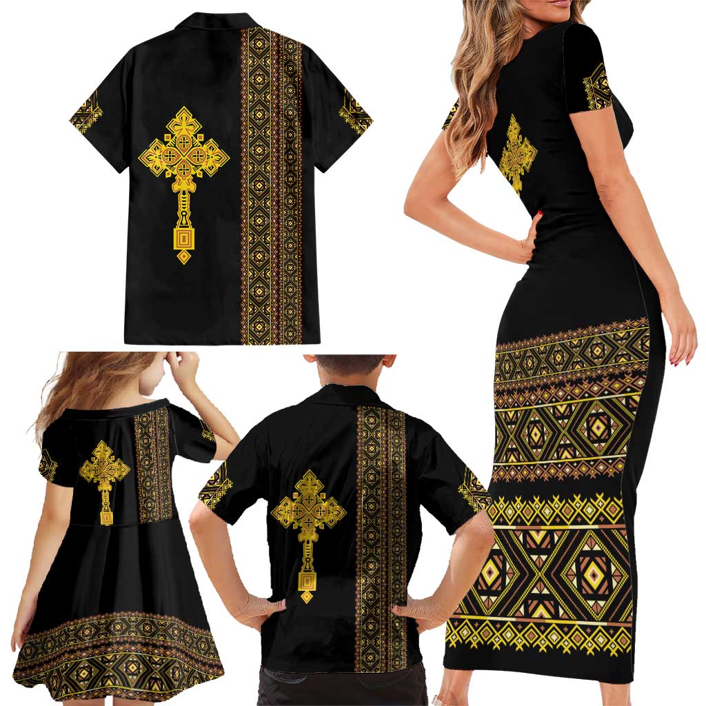 Habesha Motifs Ethiopia Family Matching Short Sleeve Bodycon Dress and Hawaiian Shirt Tilet Black Gold