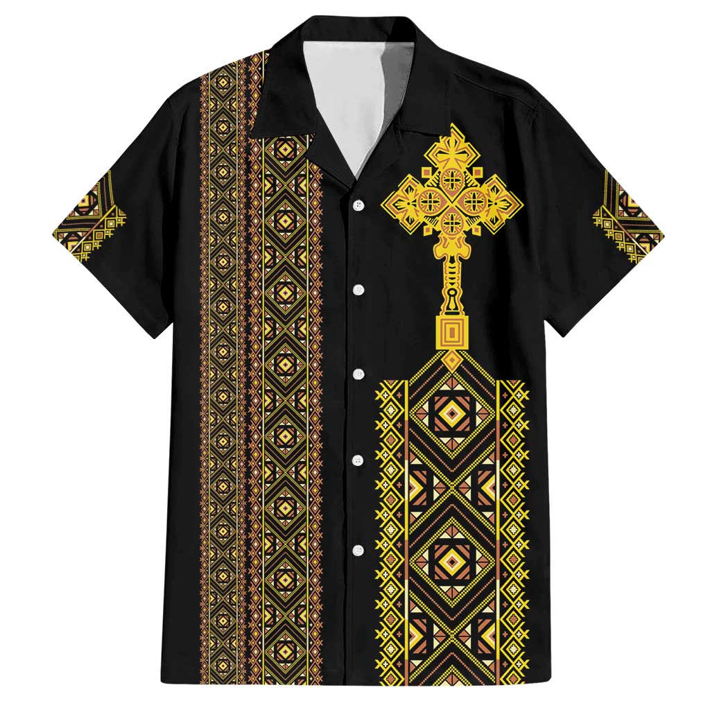 Habesha Motifs Ethiopia Family Matching Short Sleeve Bodycon Dress and Hawaiian Shirt Tilet Black Gold