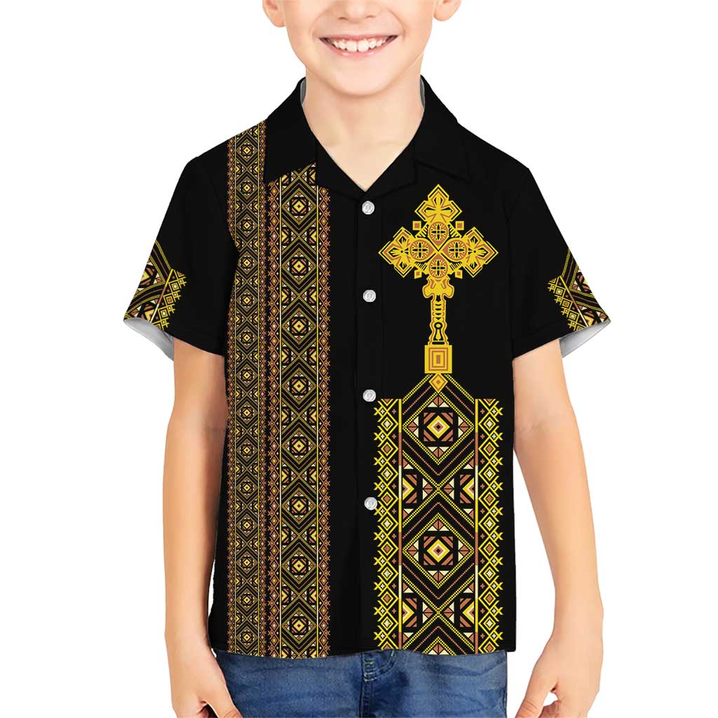 Habesha Motifs Ethiopia Family Matching Short Sleeve Bodycon Dress and Hawaiian Shirt Tilet Black Gold