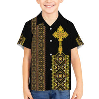Habesha Motifs Ethiopia Family Matching Short Sleeve Bodycon Dress and Hawaiian Shirt Tilet Black Gold