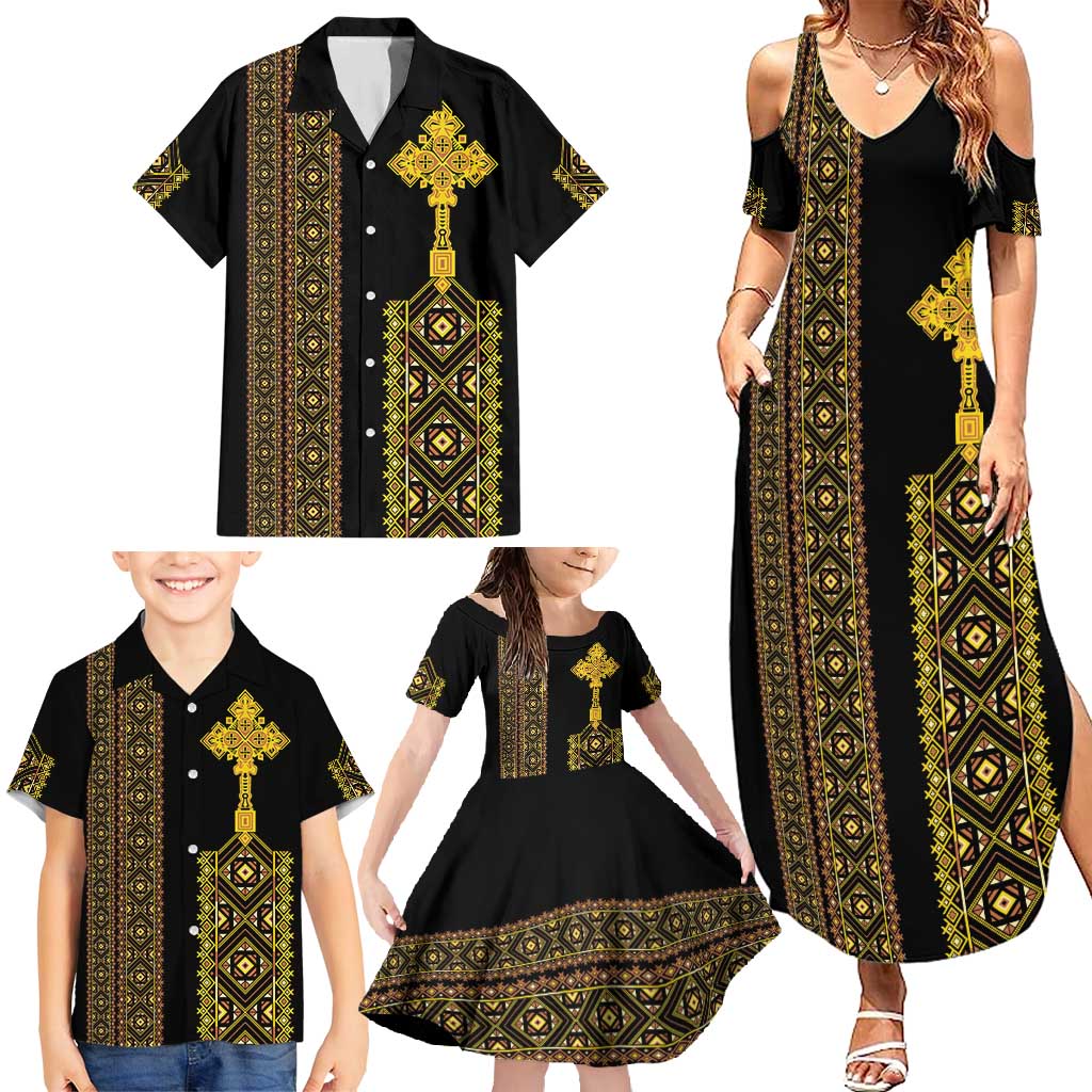 Habesha Motifs Ethiopia Family Matching Summer Maxi Dress and Hawaiian Shirt Tilet Black Gold