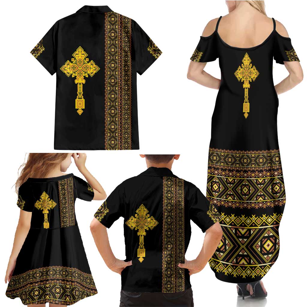 Habesha Motifs Ethiopia Family Matching Summer Maxi Dress and Hawaiian Shirt Tilet Black Gold