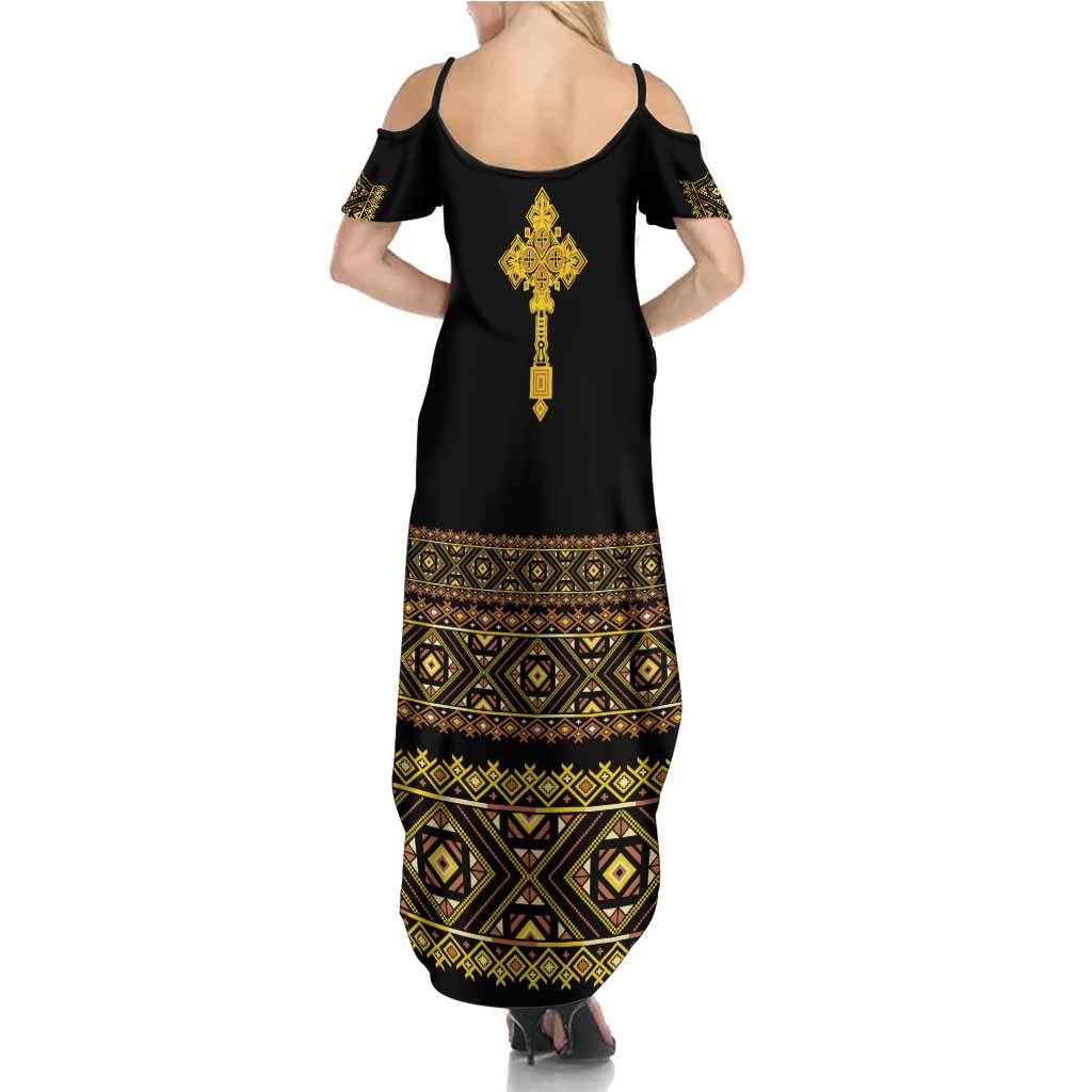 Habesha Motifs Ethiopia Family Matching Summer Maxi Dress and Hawaiian Shirt Tilet Black Gold