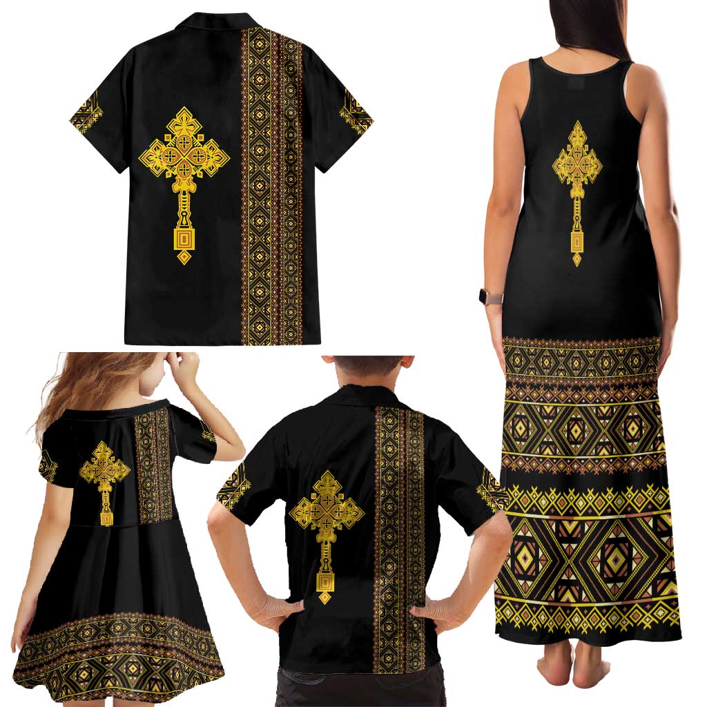 Habesha Motifs Ethiopia Family Matching Tank Maxi Dress and Hawaiian Shirt Tilet Black Gold