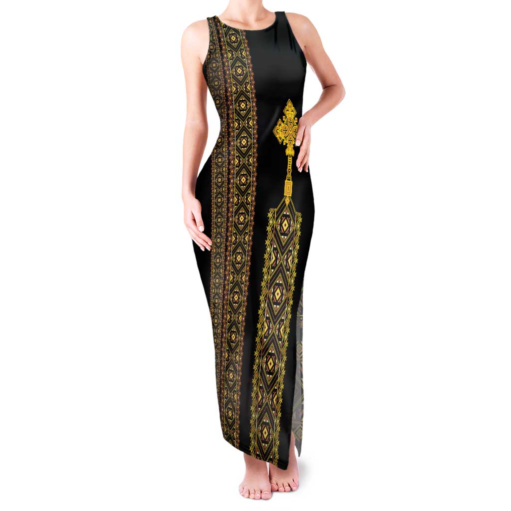 Habesha Motifs Ethiopia Family Matching Tank Maxi Dress and Hawaiian Shirt Tilet Black Gold