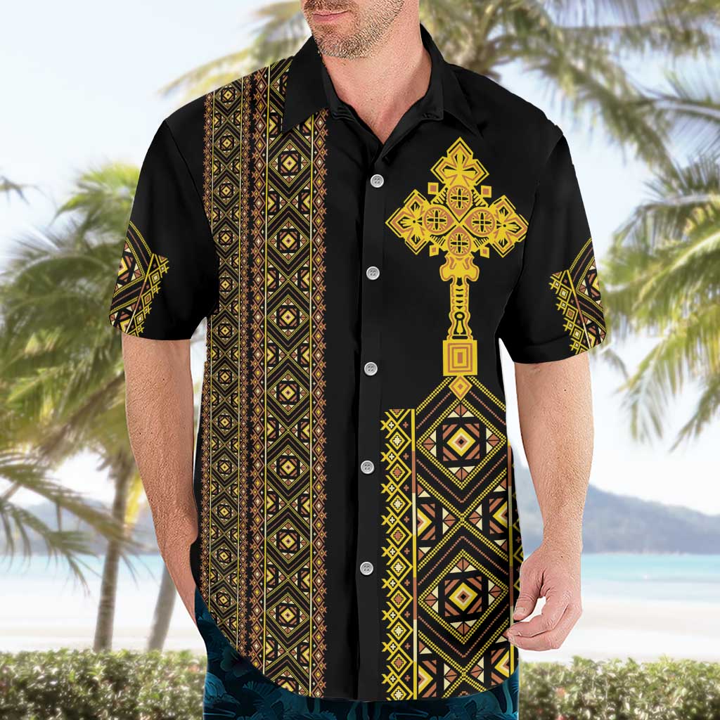 Habesha Motifs Ethiopia Hawaiian Shirt Tilet Black Gold