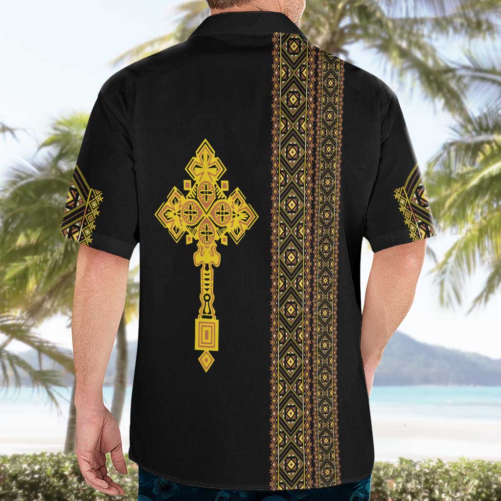 Habesha Motifs Ethiopia Hawaiian Shirt Tilet Black Gold