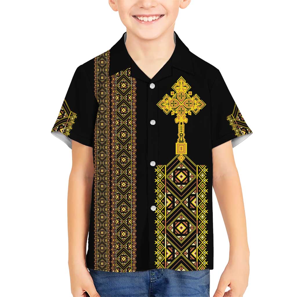 Habesha Motifs Ethiopia Kid Hawaiian Shirt Tilet Black Gold