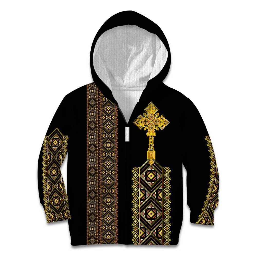 Habesha Motifs Ethiopia Kid Hoodie Tilet Black Gold