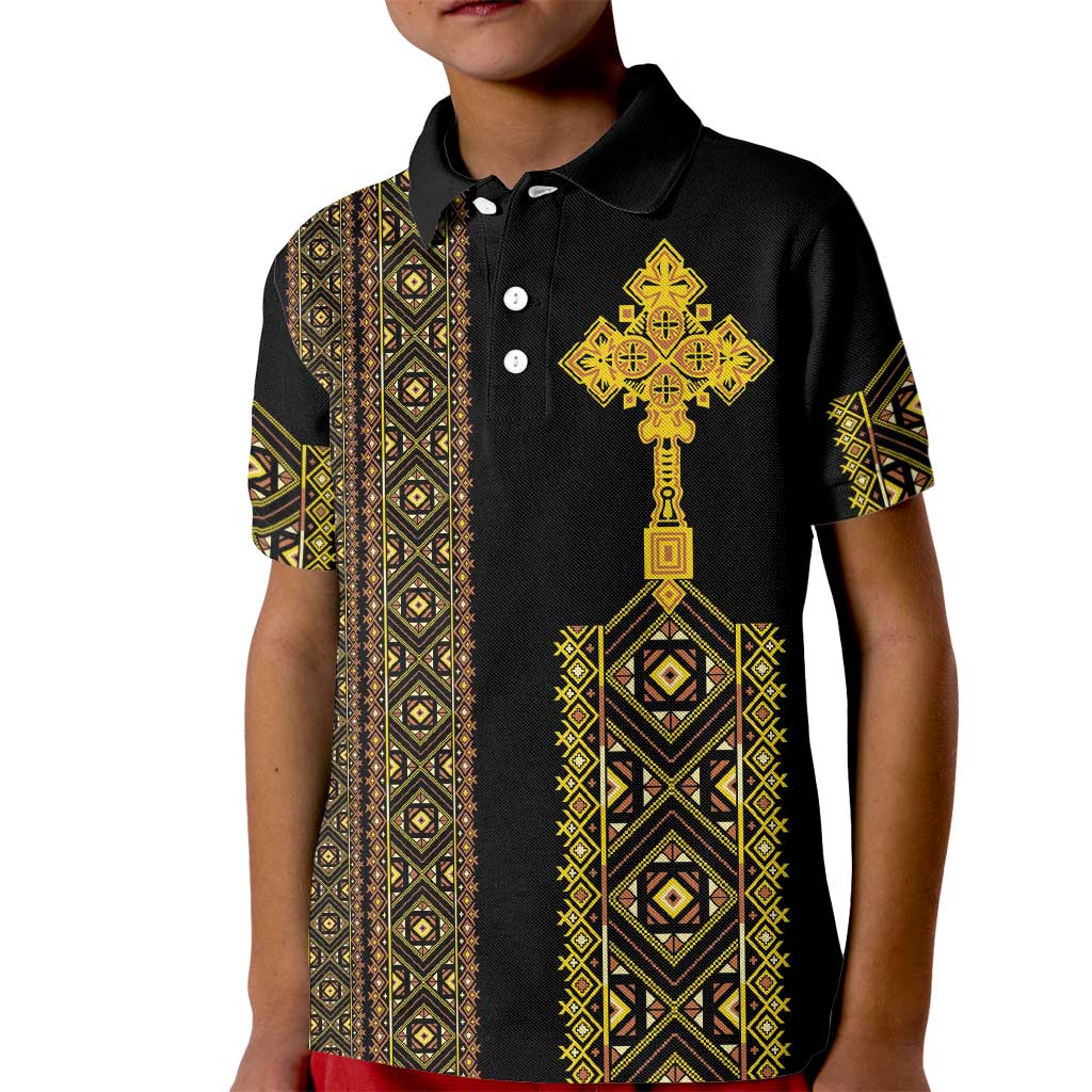 Habesha Motifs Ethiopia Kid Polo Shirt Tilet Black Gold