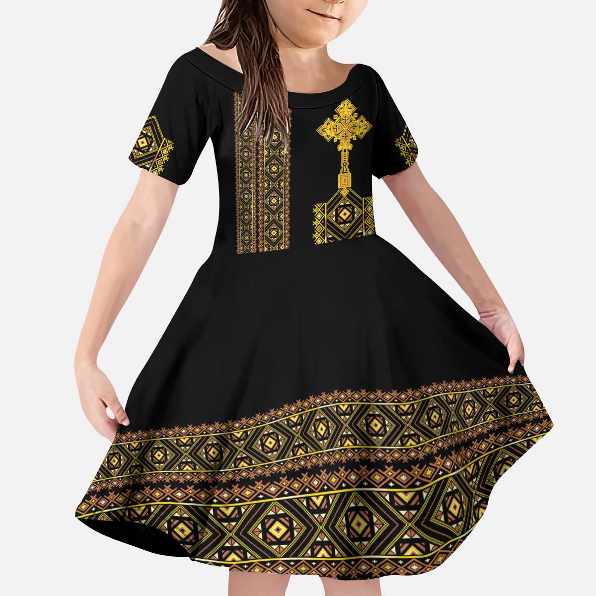 Habesha Motifs Ethiopia Kid Short Sleeve Dress Tilet Black Gold