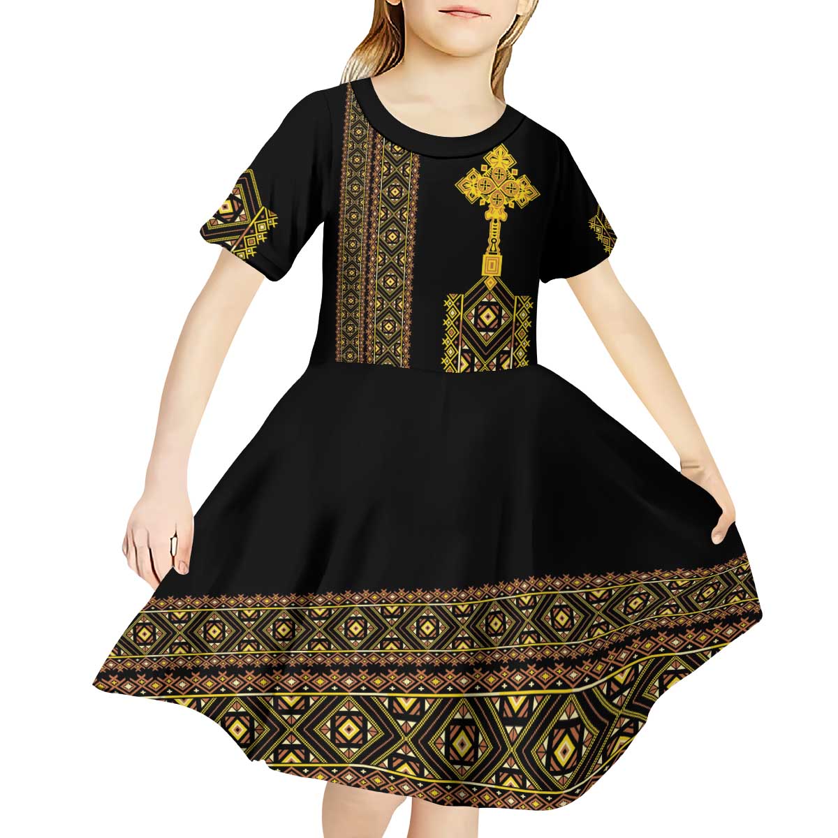 Habesha Motifs Ethiopia Kid Short Sleeve Dress Tilet Black Gold