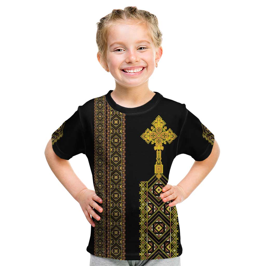 Habesha Motifs Ethiopia Kid T Shirt Tilet Black Gold