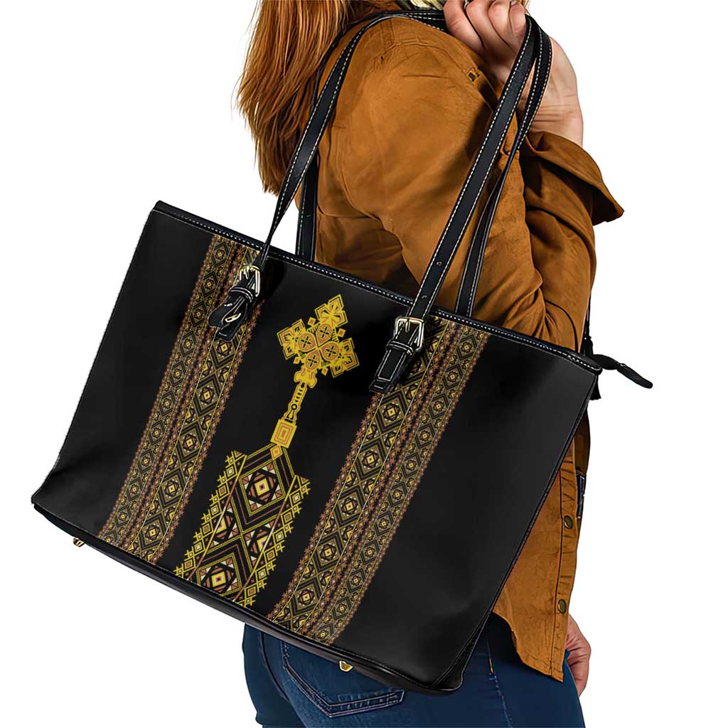 Habesha Motifs Ethiopia Leather Tote Bag Tilet Black Gold