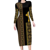 Habesha Motifs Ethiopia Long Sleeve Bodycon Dress Tilet Black Gold