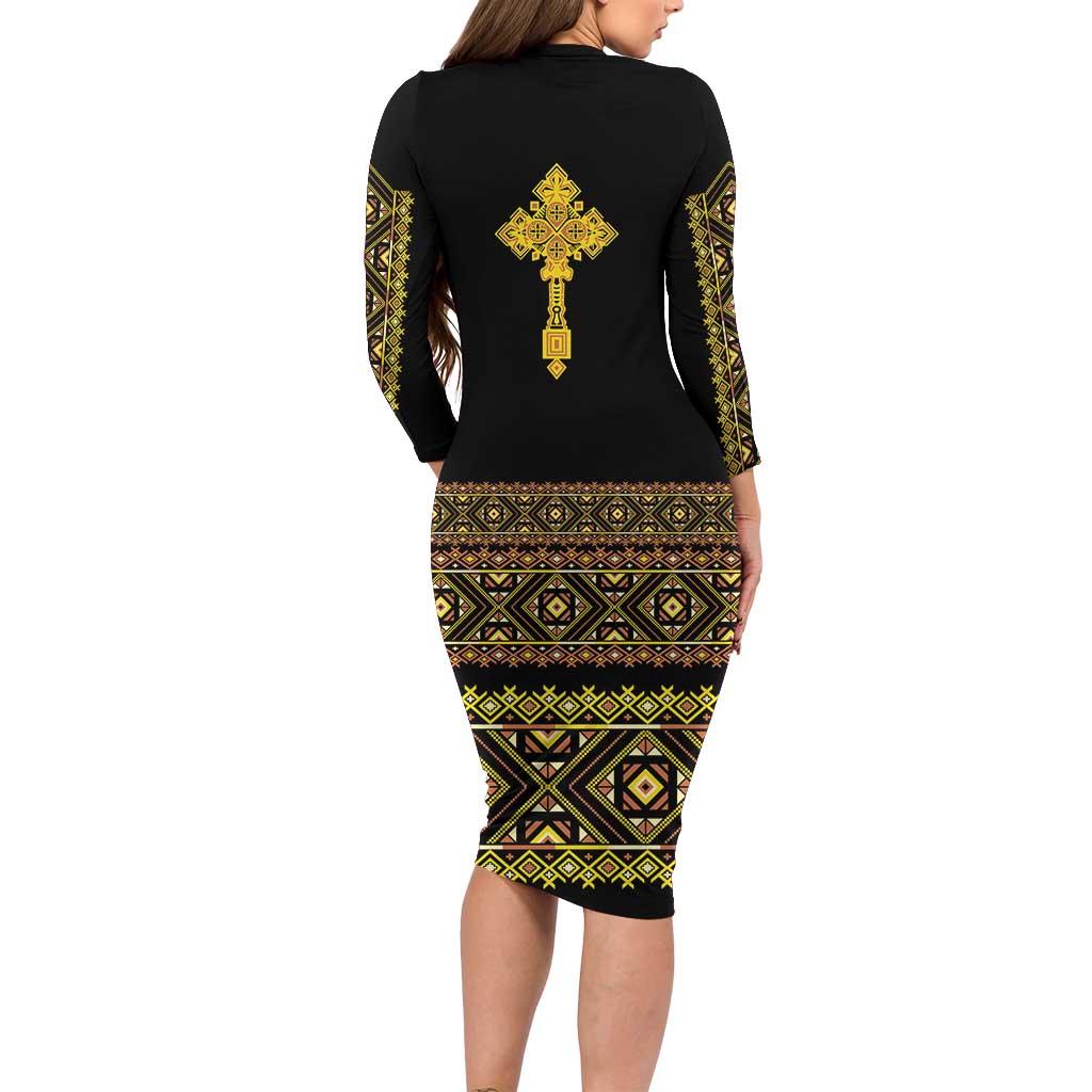 Habesha Motifs Ethiopia Long Sleeve Bodycon Dress Tilet Black Gold