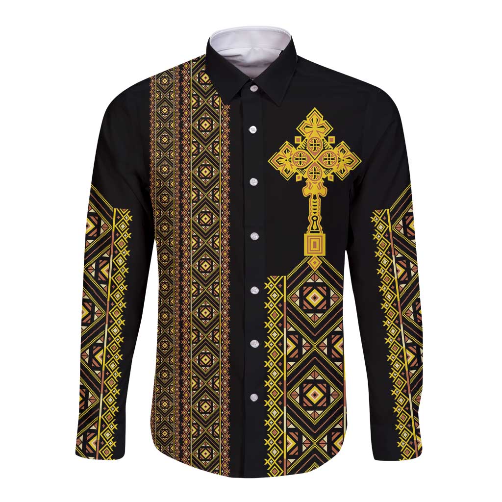Habesha Motifs Ethiopia Long Sleeve Button Shirt Tilet Black Gold