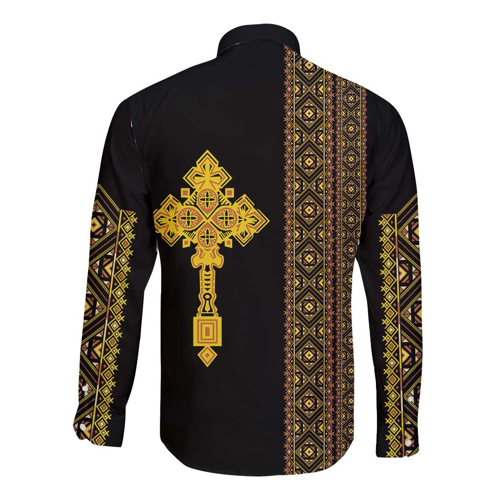 Habesha Motifs Ethiopia Long Sleeve Button Shirt Tilet Black Gold
