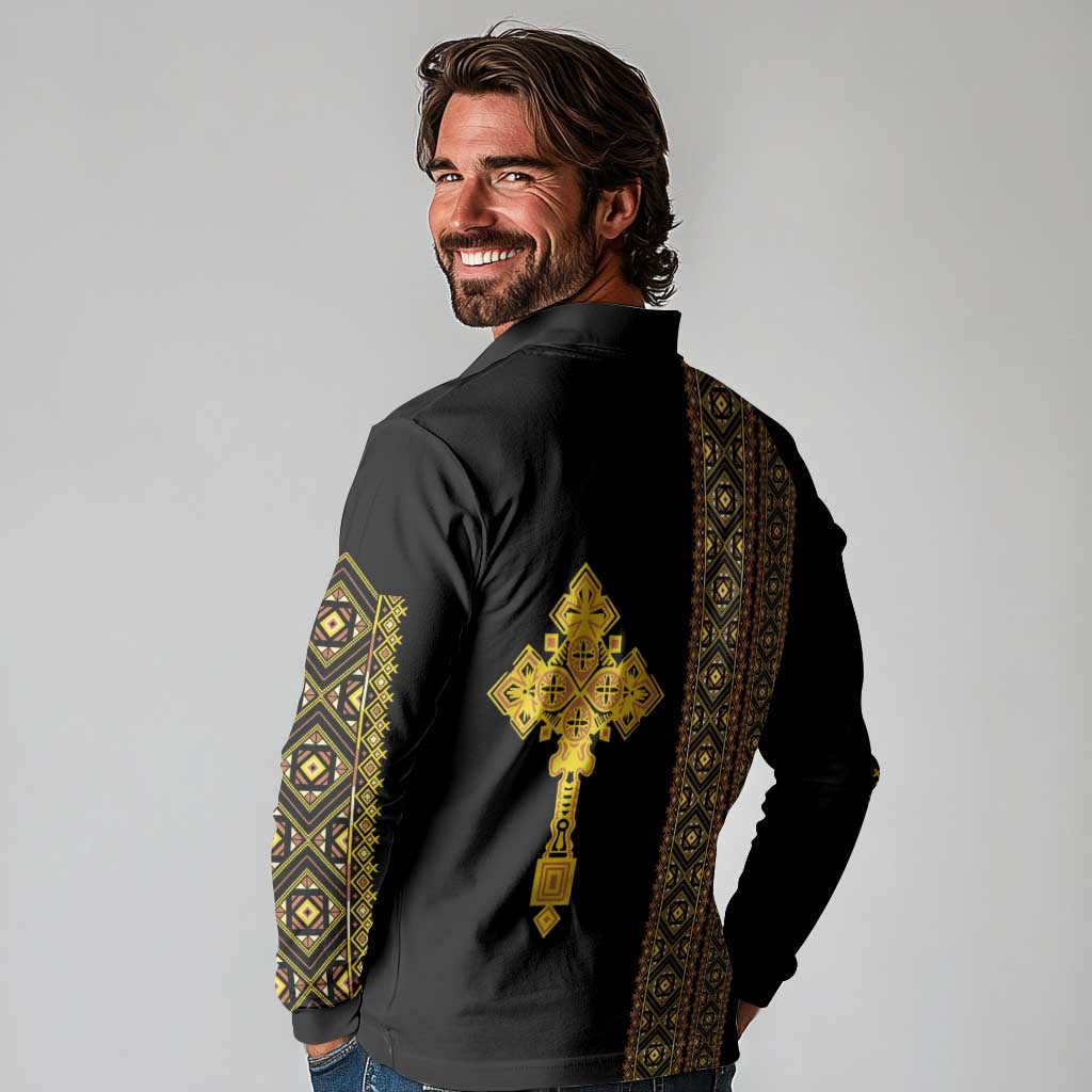 Habesha Motifs Ethiopia Long Sleeve Polo Shirt Tilet Black Gold