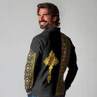 Habesha Motifs Ethiopia Long Sleeve Polo Shirt Tilet Black Gold