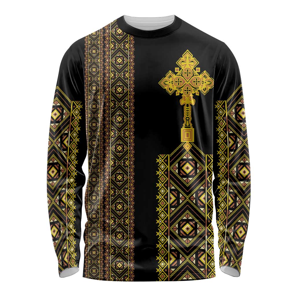 Habesha Motifs Ethiopia Long Sleeve Shirt Tilet Black Gold