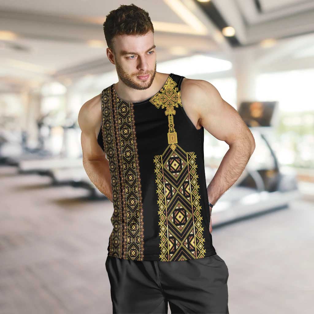 Habesha Motifs Ethiopia Men Tank Top Tilet Black Gold