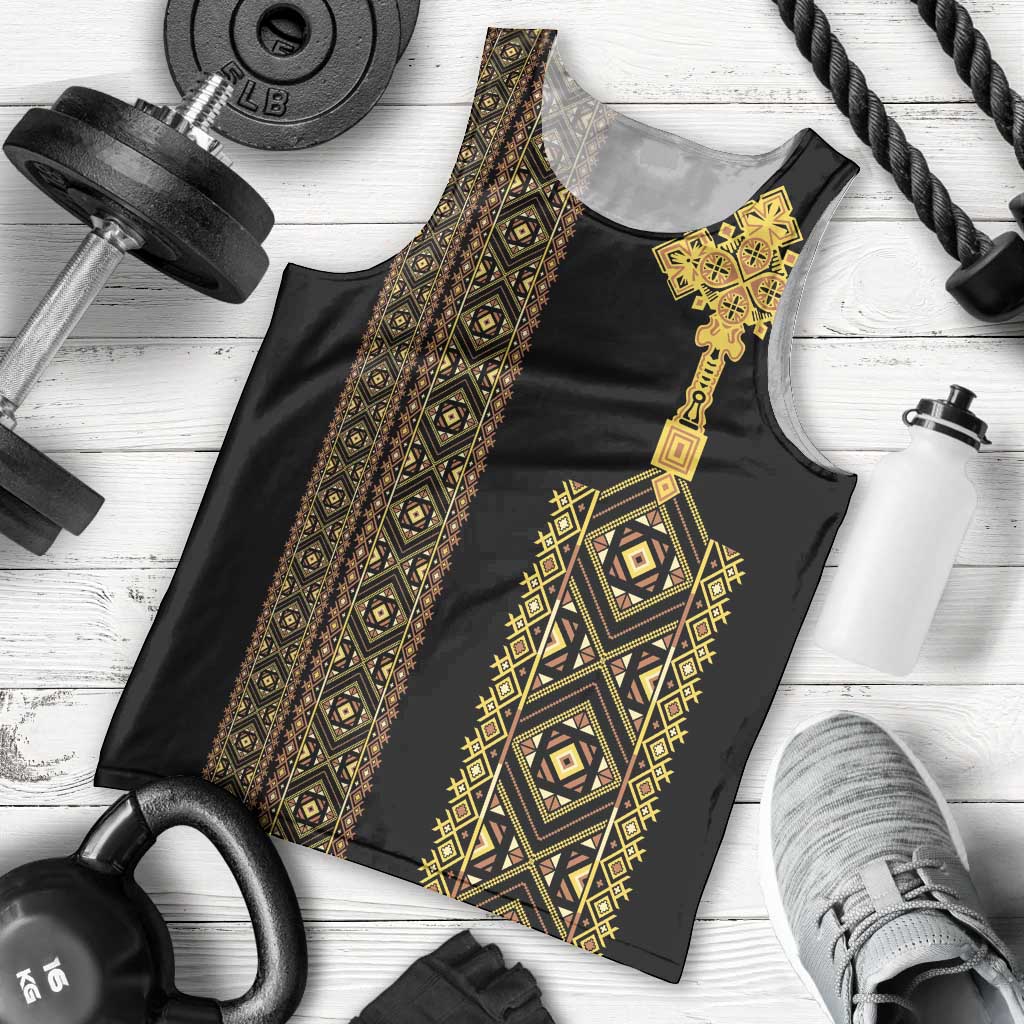 Habesha Motifs Ethiopia Men Tank Top Tilet Black Gold
