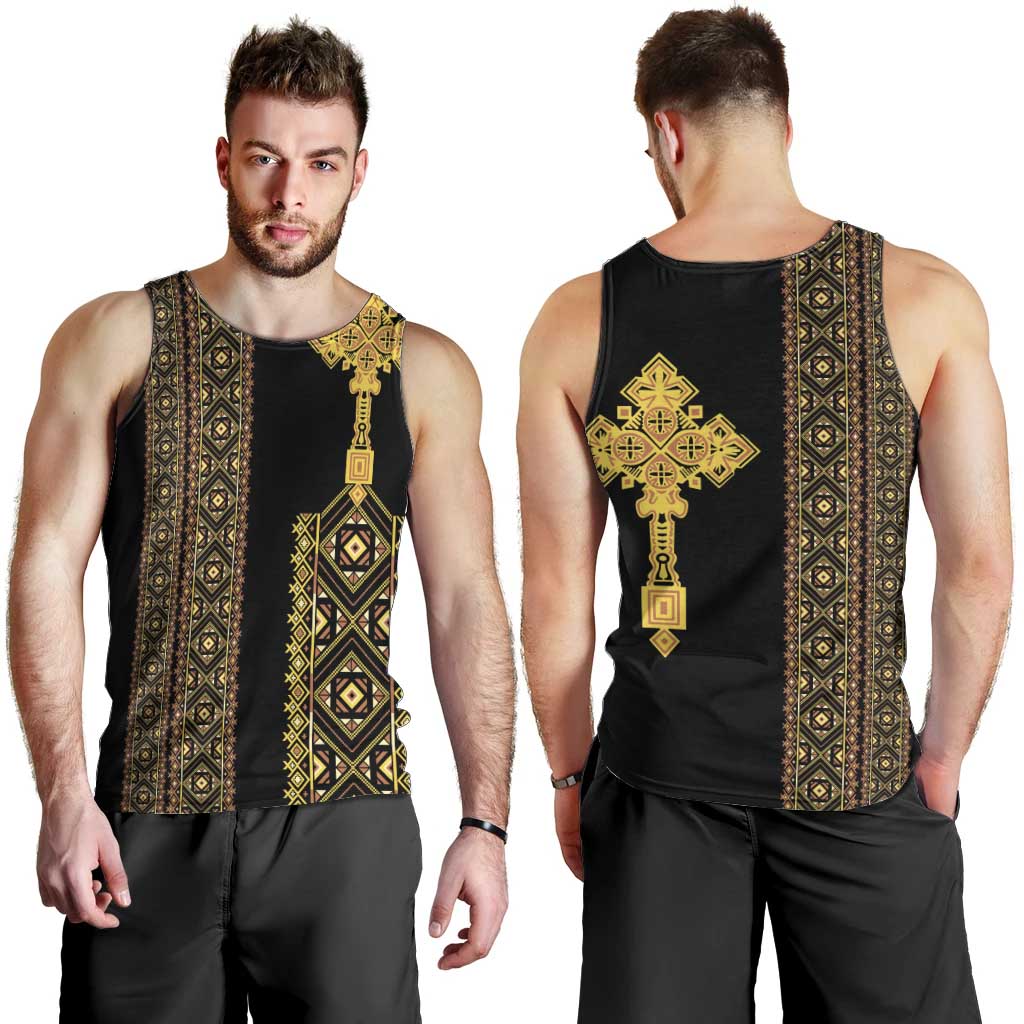 Habesha Motifs Ethiopia Men Tank Top Tilet Black Gold