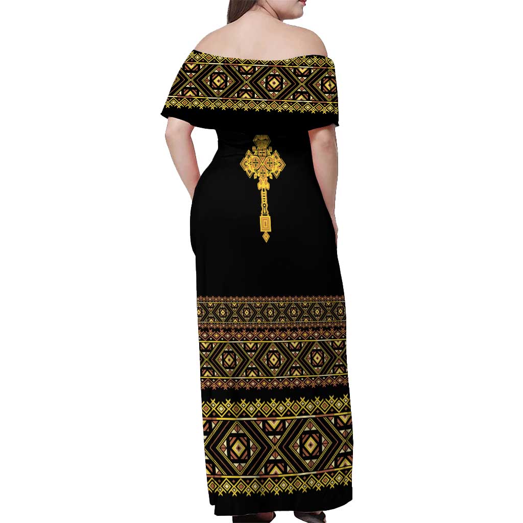 Habesha Motifs Ethiopia Off Shoulder Maxi Dress Tilet Black Gold
