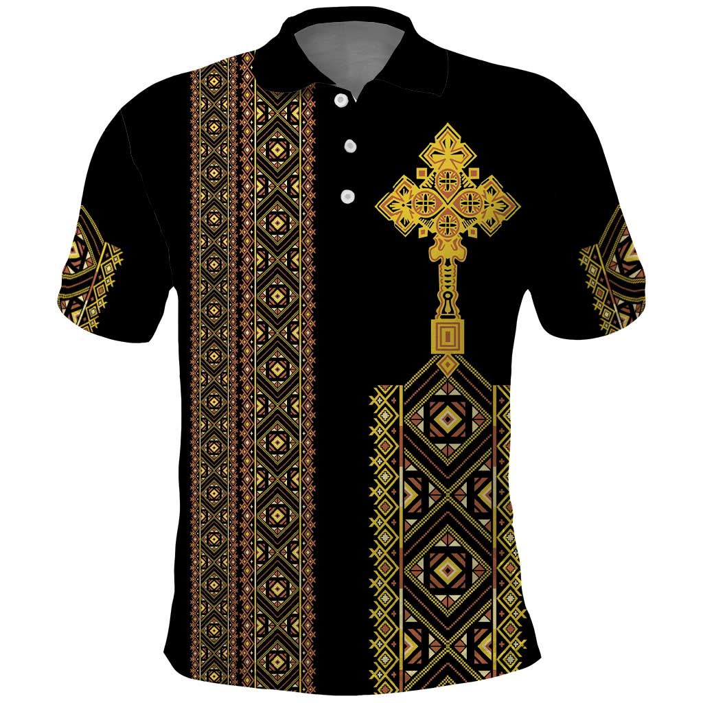 Habesha Motifs Ethiopia Polo Shirt Tilet Black Gold