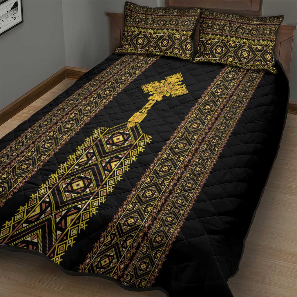Habesha Motifs Ethiopia Quilt Bed Set Tilet Black Gold