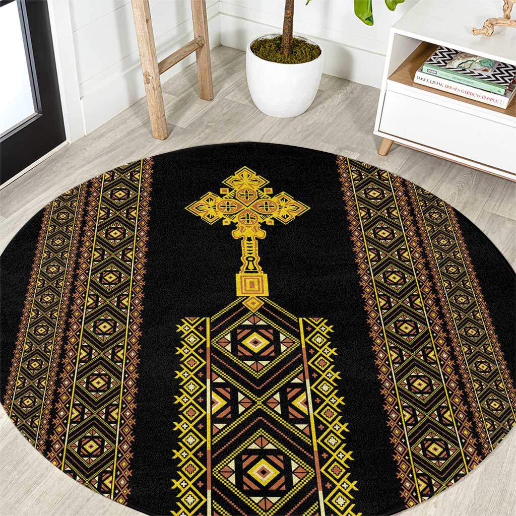 Habesha Motifs Ethiopia Round Carpet Tilet Black Gold